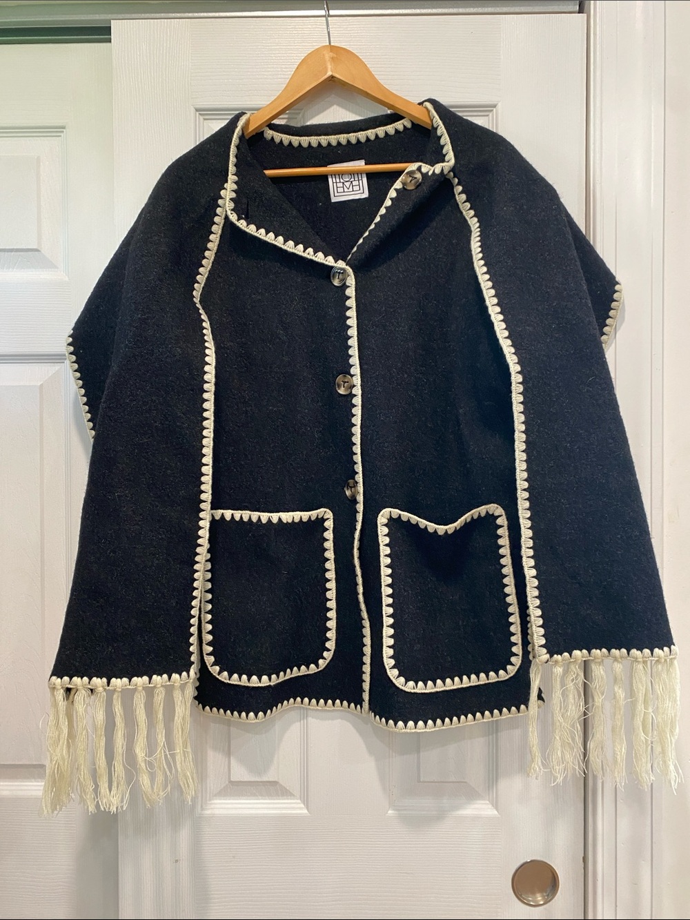 Toteme Black Wool Fringe-Trim Coat with Cream Whipstitch